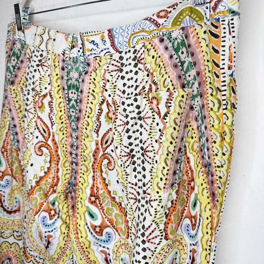 Zara Linen Blend Paisley Mandala Floral Print Wide Leg Ankle Flare Pants XXL - Picture 10 of 16